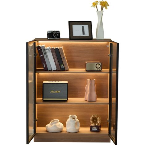Vitrine en verre avec éclairage LED, meuble d'exposition à 3 niveaux, portes aluminium, finition bois foncé, pour collection, bijoux et vin CHICFURN (1/5)