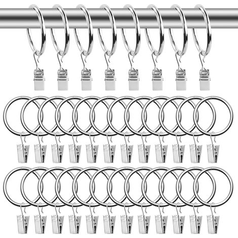 Lot de 25 Anneaux de Rideaux avec Clips, Pinces à Rideaux avec Anneaux, 3.5mm×32mm Clips de Rideau Anneaux, Métal Anneaux Rideaux avec Crochet à Pince pour Tringle à Rideau de Douche (Argent) (1/5)