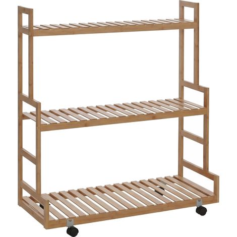étagére à plantes en bambou HWC-Q33, étagére en escalier pour fleurs, 3 niveaux, roulettes, 105 x 90 (1/5)