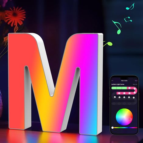 Lettres Lumineuses, Alphabet Lumineux RGB Contrôlé par APP, Lampe LED Lettre à USB, Lumières Lettre Deco pour Anniversaire, Fête, Mariage, Noël, Maison - M (1/5)