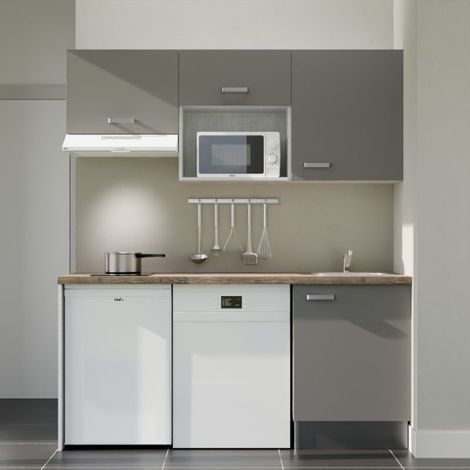 Kitchenette K55L-PT - 180 cm avec plan de travail et évier - Façade Gris - Plan Bois - Evier Inox - Crédences Non