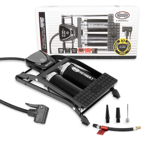 HEYNER® Luftpumpe Fußpumpe Doppelzylinder digitales Manometer + Tasche alle Ventile Auto Motorrad Fahrrad Ball tragbar
