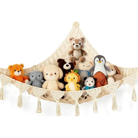 Hamac en macramé fait à la main avec crochets, pour chambre d'enfant, pour rangement des peluches, pour le rangement des animaux en peluche (41×41×57 pouces) (1/5)