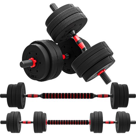 Kit Haltères Musculation 2-en-1. Lot de 2. 25 kg. poids réglable - Barres incluses - entraînement Musculaire & haltérophilie - HDPE Noir Rouge