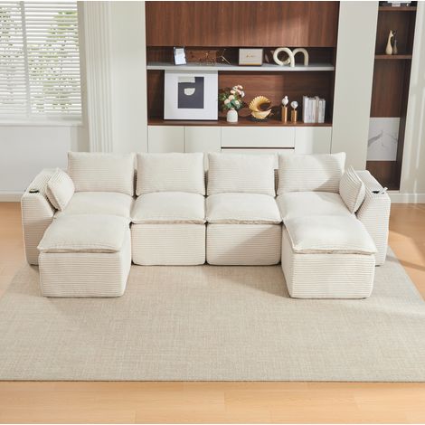 Divano modulare 322x161x75 cm beige in corduroy con tasche laterali e cuscini (1/5)