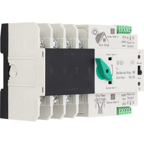 Automatische 400-V-Wechselstrom-Umschaltanlage mit Millisekunden-Schaltzeit und unterbrechungsfreier Stromversorgung. Zeitverzögerter Schaltregler, 50/60 Hz, Photovoltaik-Netzanschluss, 4P100A. (1/5)