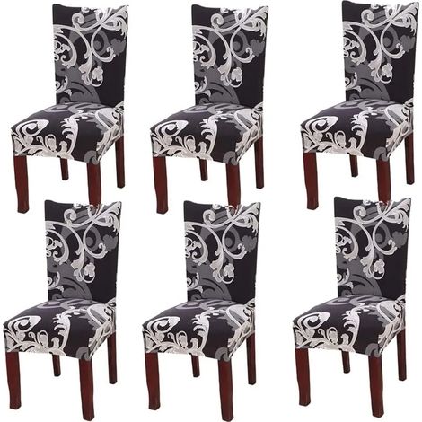 Lot de 6 housses de chaise extensibles universelles, protège-siège pour salle à manger, style européen, taille unique, tissu stretch, couleur noir. (1/5)