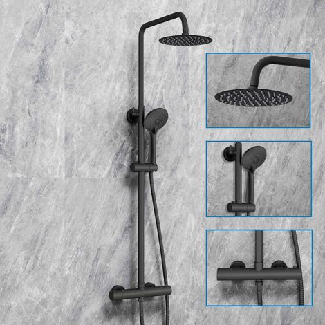 SKY Bathroom Thermostatic Mixer Shower Set Round Twin Head Black (1/5)