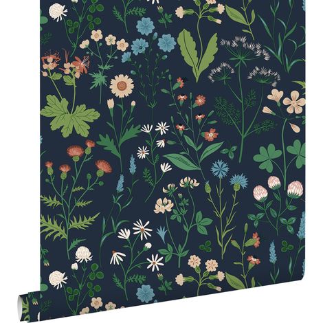 papier peint fleurs des champs encre bleu et vert - ESTAhome