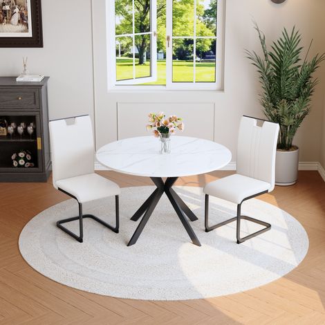 MEUBLIV Ensemble repas rond blanc effet marbre – table MDF et 2 chaises, 2 places (1/5)