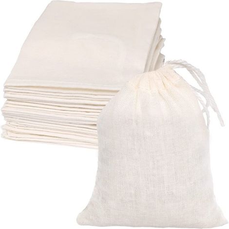 Lot de 50 sacs filtrants en mousseline de coton, 10 x 15 cm, sachets réutilisables avec cordon pour herbes, thé, soupes et filtration (1/5)