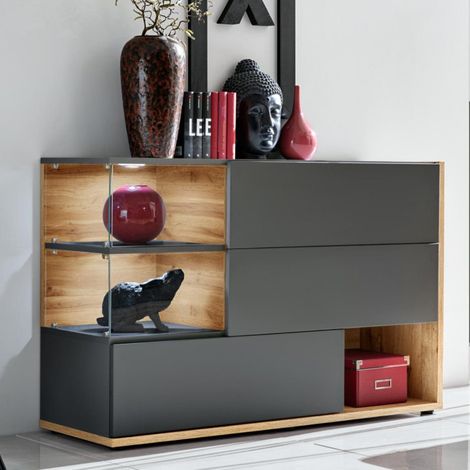 Buffet 3 Portes & 3 Niveaux "Silk" 120cm Gris & Naturel (1/4)