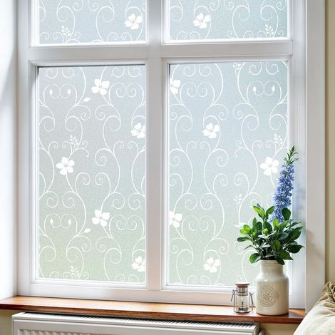 Film de confidentialité pour fenêtre, film givré décoratif, non adhésif, sans colle, statique, anti-UV (motif blanc, 44 cm x 200 cm) (1/4)