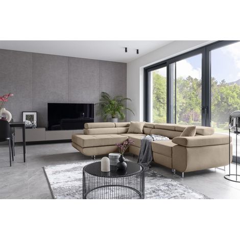Ecksofa Schlafsofa SARRA in Stoff Cover Beige Ottomane Links (1/5)