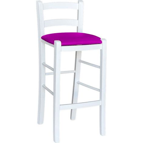 Weißer Holzhocker mit lila Kunstledersitz, Höhe 67 cm vom Boden bis zur Sitzfläche