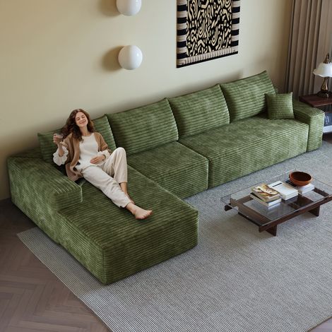 Canapé d'angle en L 340cm,canapé modulaire en velours côtelé, avec chaiselongue,canapé 4 place compression,assise profonde,vert (1/5)