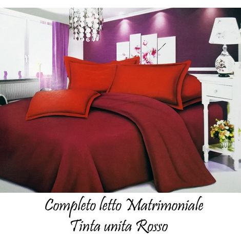 Trade Shop - Completo Letto Lenzuola Matrimoniale Con Copri Cuscini Tinta Unita Colore Rosso -
