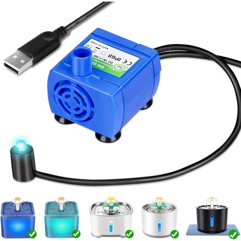 bomba para fuente de agua DR-DC160 con LED, cable de 170 cm, funcionamiento silencioso de 40 dB, para depósitos de 2 L, apta para gatos y fauna acuática. (1/5)