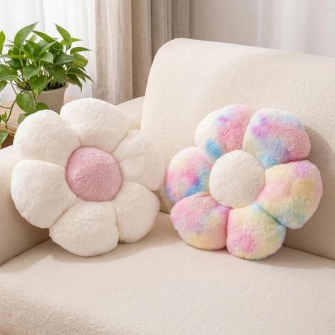 Lot de 2 coussins de sol à fleurs, coussins en forme de marguerite, jolis coussins décoratifs pour chambre de fille, lit ou canapé (blanc et rose multicolore, 38 cm) (1/5)