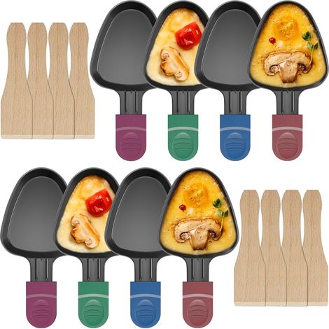 Lot de 8 Poelon Raclette Triangulaire à Revêtement Anti-adhésif,Coupelle Raclette Berbecue Triangle avec Poignée Colorée Isolée pour Fromage Fondu Oeuf Frit, 8 Pcs Spatules en Bois (1/5)