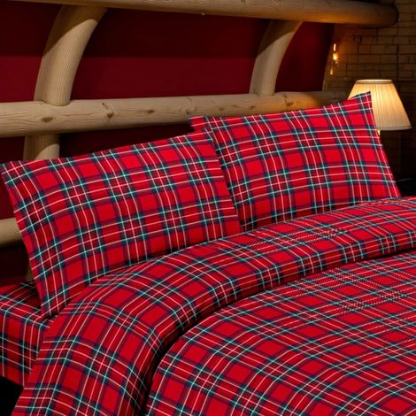 Completo Lenzuola Flanella Tartan Rosso - 100% Cotone Felpato - Caldo Invernale Made in Italy Una Piazza