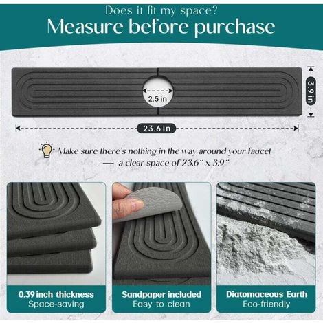 Protection anti-éclaboussures pour robinet d'évier de cuisine en diatomite, 61 cm, plateau d'évier de séchage en pierre soignée, moderne, tapis absorbant pour comptoir de cuisine (gris foncé, 60 x 10 (1/4)