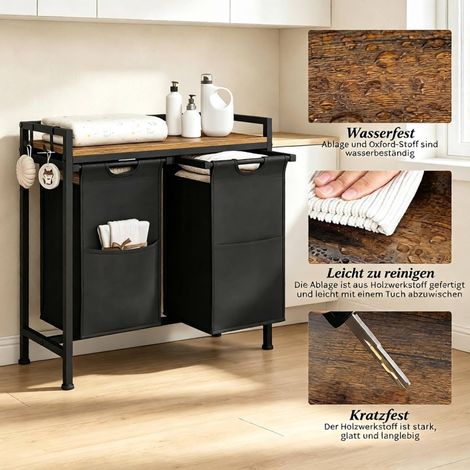 Meuble à linge 70x30x71 cm métal et bois noir/rustique 2 bacs amovibles gain de place – MEUBLIV (1/5)