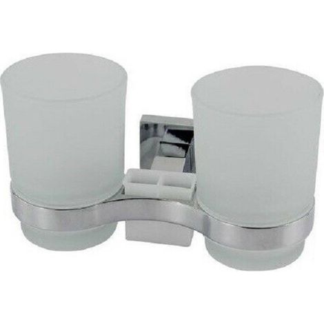 Trade Shop - Soporte Cepillo De Dientes 2 Vasos Pasta De Dientes Pared Acero Vidrio Cuadrado 59187 - (1/2)