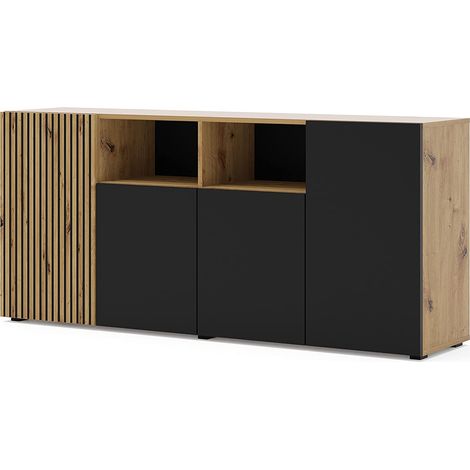 Bim Furniture – Buffet salon Auris 180x42x82cm – Chêne noir mat et bois artisanal – 4 portes et 2 niches ouvertes – Système 'Push to open'