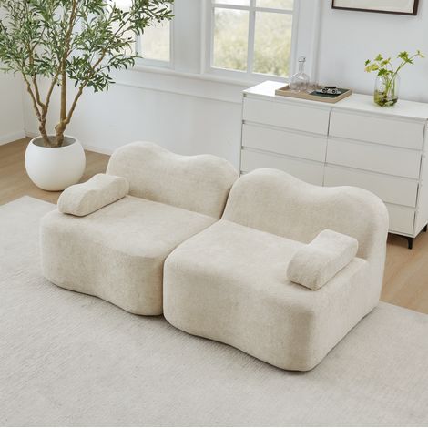 Modulares 2-Sitzer Sofa Beige Samt rahmenlos mit Wellenform und tiefen Sitzkissen (1/5)