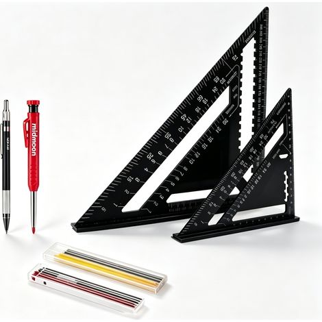 Equerre Menuisier, Équerre Charpentier Multifonction 180 mm [Crayon Chantier + 18 Mines] Metal, Règle de Menuisier Regle Trusquin Rapporteur de 45 à 90 Degrés Outillage Charpentier (1/5)