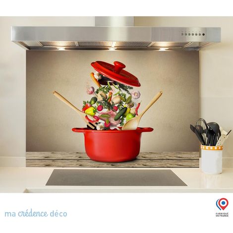 Fond de hotte : Marmite rouge et légumes - Verre trempé - 90 cm - 60 cm (1/5)