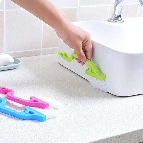Lot de 3 outils de nettoyage manuels pour rainures et interstices, brosses de nettoyage pour rails de portes et fenêtres et cuisine (bleu, jaune, rose) (1/5)