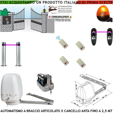 Automatismo Cancello Kit Motore a Braccio Articolato 220/24 V Anta da 0,5 a 2,5 MT Centrale 4 Radiocomandi Faro Selettore 2 Paline 2 Fotocellule (1/4)