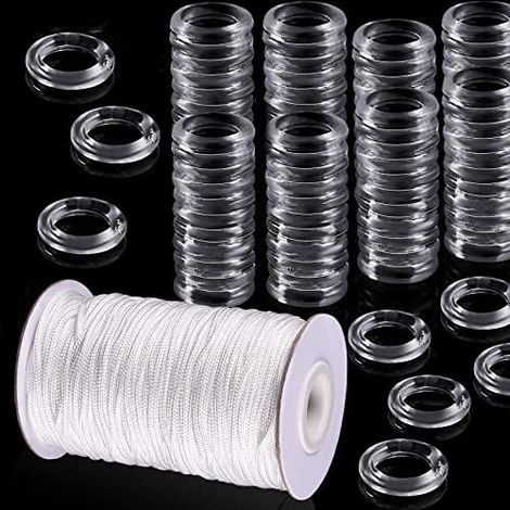 Lot de 100 anneaux de rideaux romains transparents et cordon de store romain de 50 m de 8 à 13 mm avec anneaux en plastique transparent de 1,8 mm Blanc tressé Cordon d'ombrage pour rideaux