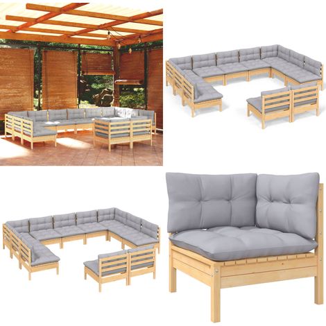 Salon de jardin 11 pcs avec coussins gris bois de pin solide - salon de jardin - salons de jardin - Home & Living (1/5)