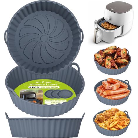 3 Pièces Moule Silicone Air Fryer, 20x20CM Réutilisable Antiadhésif, Résistant Chaud Four Micro-ondes, Gris (1/5)