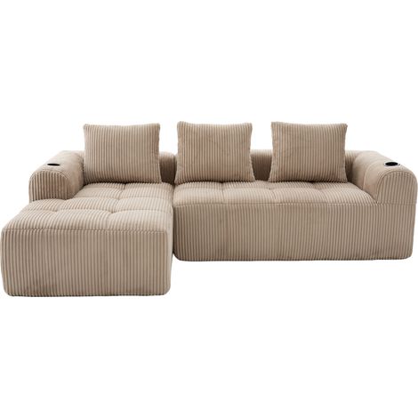 Canapé modulable compact en velours côtelé kaki, DIY, avec poches latérales, porte-gobelets et 3 coussins, pour petit salon ou bureau, CHICFURN (1/5)