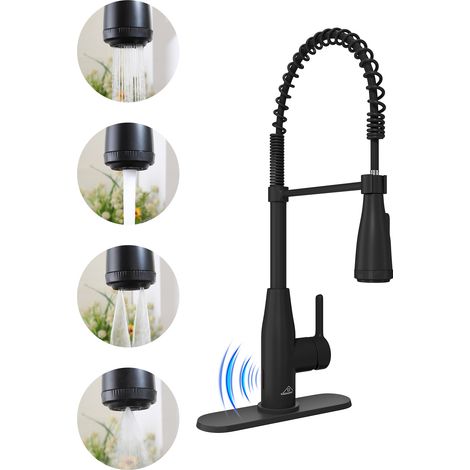 Robinet de cuisine thermostatique à double commande avec ressort, noir mat, à poignée unique, sans contact, à montage sur plage, avec douchette (plaque de montage incluse) (1/4)