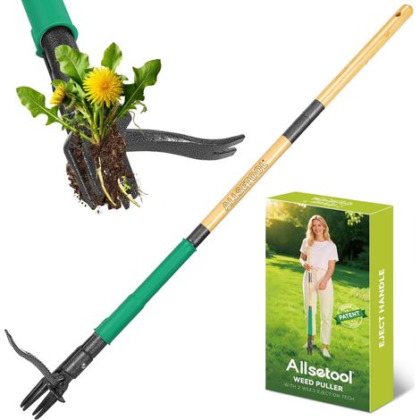 Désherbeur Manuel avec 2 Éjecteurs de Mauvaises Herbes, 1.1m Arrache Pissenlit, Manche en Bambou Véritable, 4 Griffes en Métal et Pédale, Outillage de Désherbage pour Le Jardin (1/5)