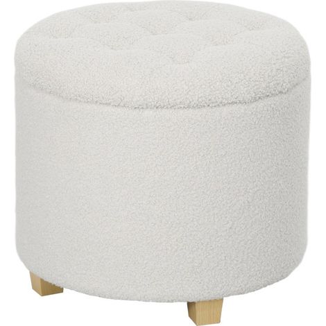 Pouf de rangement, tabouret avec couvercle, repose-pieds rond, coffre de rangement, pieds en bois, blanc