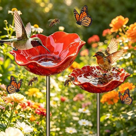 Comedero y baño para pájaros de metal para exteriores, bebedero en forma de flor con tallo para jardín, suministro de agua para pájaros y abejas, altura 60 cm (rojo-2 piezas) (1/5)
