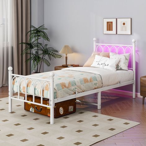 Cadre de lit en métal – Avec tête et pied de lit – Station de charge USB, éclairage LED – Grand espace de rangement sous le lit – Sans sommier – 90x200 cm – Blanc (1/5)