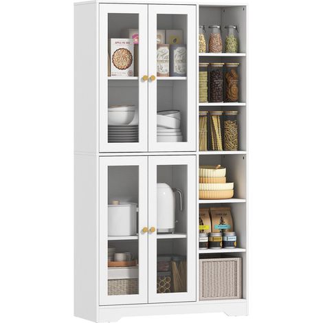 Buffet haut cuisine, vaisselier vitrine avec 4 portes à fermeture douce en verre trempé, 90x35x172cm, blanc (1/5)
