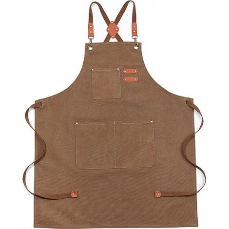 1PC Brun Tablier à brets en denim imperméable amélioré, tablier en denim réglable avec poches et brets croisées