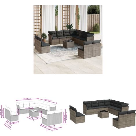 12-tlg. Garten-Sofagarnitur mit Kissen Grau Poly Rattan - Gartenmöbel - Outdoor Möbel - Rattan Sofa - Lounge Set - Esstisch - Home & Living (1/3)