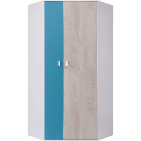 Armario de rincón Camteso 100, Blanco + Roble + Turquesa, 190x90x90cm, Puertas de armario: Con bisagras, Número de estantes: 5