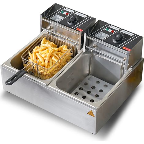 Mophorn Freidora eléctrica comercial, capacidad de 24 l, 5000 W, freidora de encimera de acero inoxidable con dos cestas extraíbles, para cocina y restaurante, color plateado