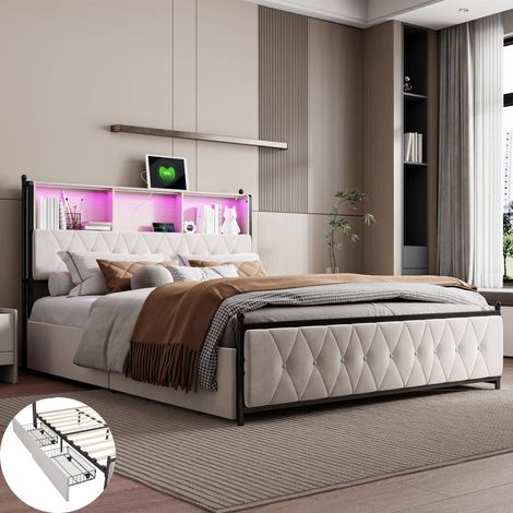 Lit Capitonné 160x200 avec LED et USB, Lit deux place avec 4 Tiroirs de Rangement, Lit Rembourré au Design Moderne, Velours Beige (1/5)