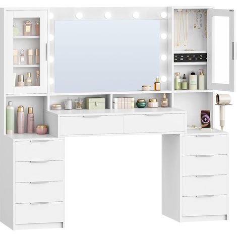 150 cm Coiffeuse avec éclairage LED, Coiffeuse avec multiprise, 11 Ampoules LED, Trois Couleurs D'éclairage, 10 Tiroirs, Rangement pour Bijoux, Blanc -Argenté